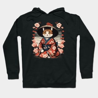 Japanese woodblock cat wearing kimono Hoodie